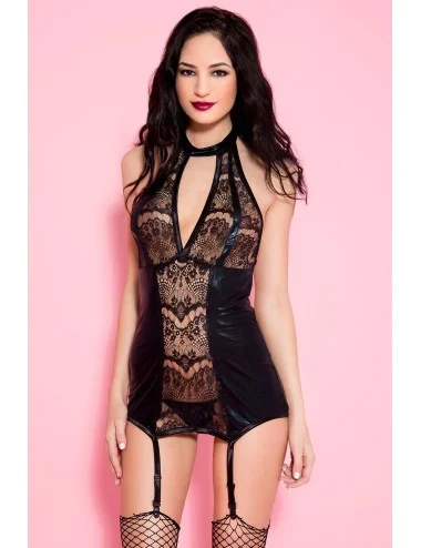 Guêpière sexy noire wetlook dentelle - ML20023BLK
