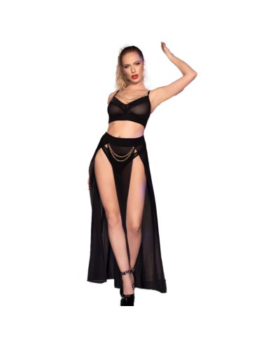 CHILIROSE - CR 4672 JUPE TOP NOIRE ET STRING AVEC CHAÎNES DORÉ L