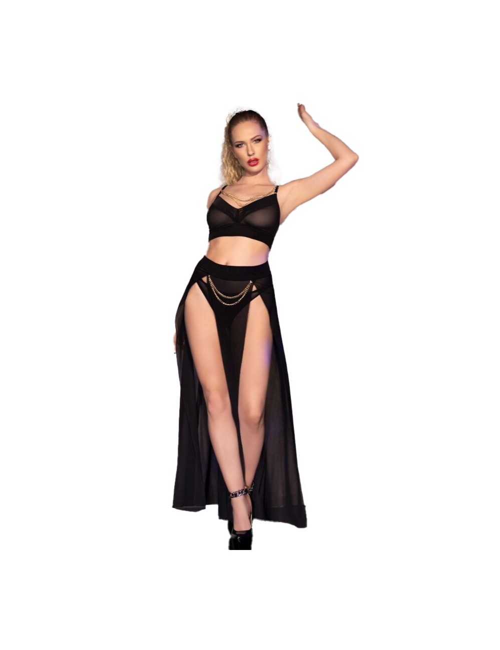 CHILIROSE - CR 4672 JUPE TOP NOIRE ET STRING AVEC CHAÎNES DORÉ XL CHILIROSE - CR 4672 JUPE TOP NOIRE ET STRING AVEC CHAÎNES DORÉ XL