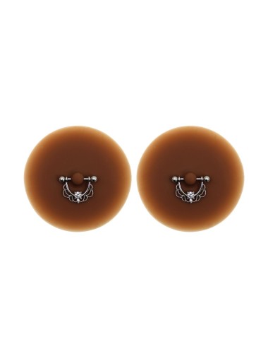 Paire de cache-tétons piercing barre demi-anneau faux diamant peau foncée - XP008F