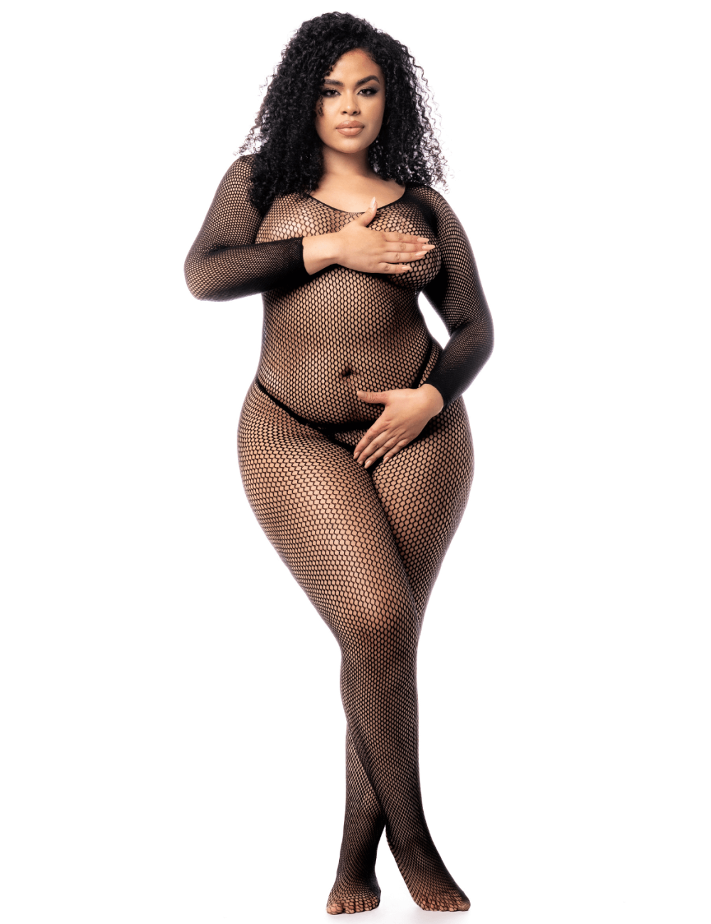 Combinaison grande taille manches longues en résille noire - MAL1102XBLK Combinaison grande taille manches longues en résille noire - MAL1102XBLK