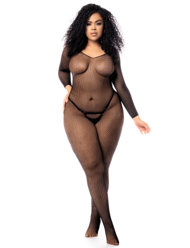 Combinaison grande taille manches longues en résille noire - MAL1102XBLK