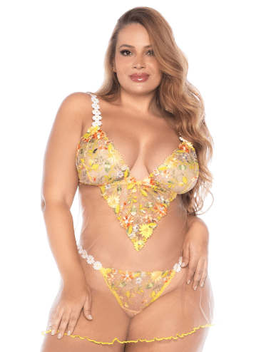 Nuisette grande taille transparente brodée jaune et string - MAL7608XSUBS