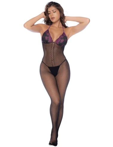 Combinaison en résille et dentelle noire et violette - MAL1122BKPU