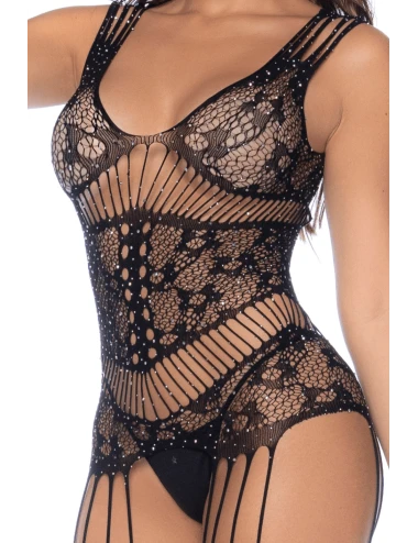 Combinaison noire en résille avec strass - MAL1132BKRH
