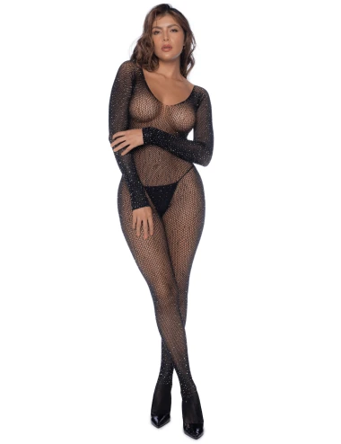 Combinaison noire en résille ornée de strass - MAL1131BKRH