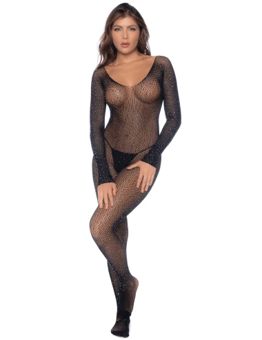 Combinaison noire en résille ornée de strass - MAL1131BKRH
