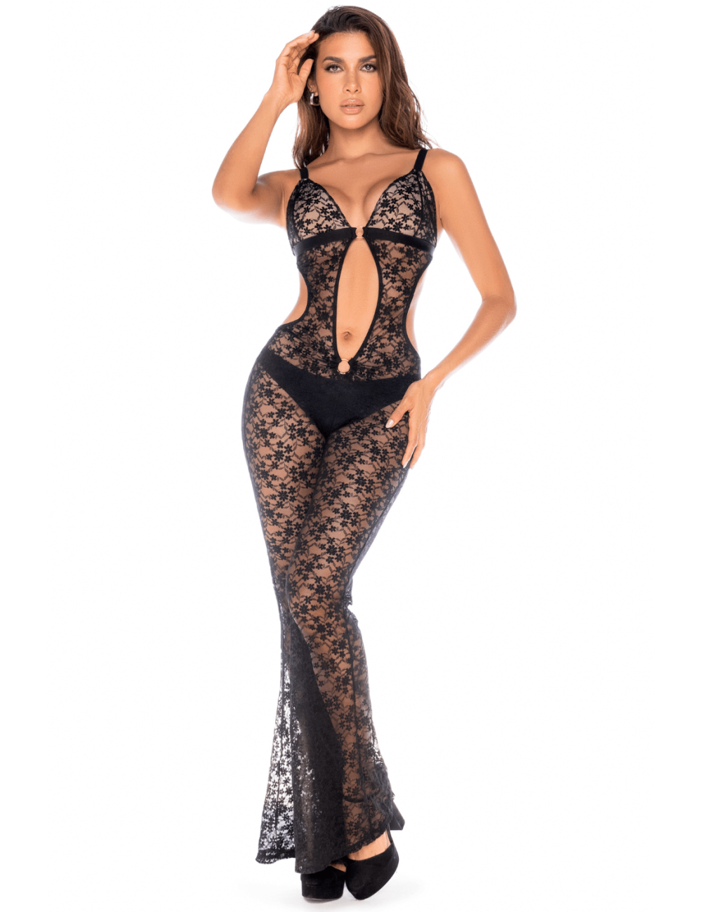 Combinaison/robe ajourée en dentelle noire - MAL1914BLK Combinaison/robe ajourée en dentelle noire - MAL1914BLK