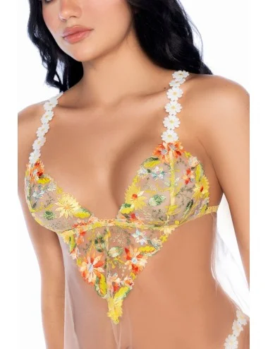 Nuisette transparente brodée jaune et string - MAL7608SUBS