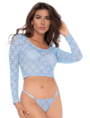 Ensemble 2 pièces en dentelle bleue pastel, crop top et string - MAL8918LBLU
