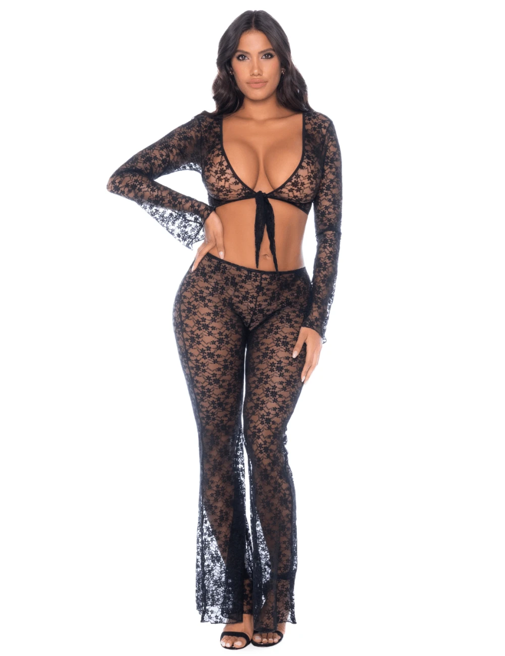 Top et pantalon en dentelle florale noire - MAL1915BLK Top et pantalon en dentelle florale noire - MAL1915BLK
