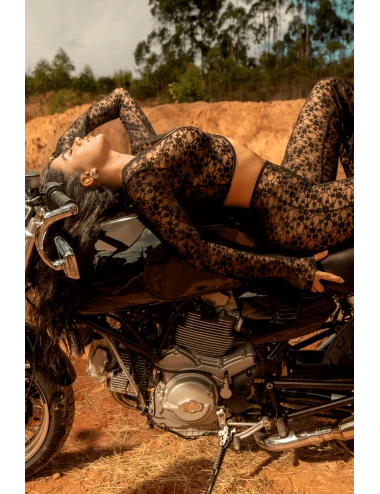 Top et pantalon en dentelle florale noire - MAL1915BLK