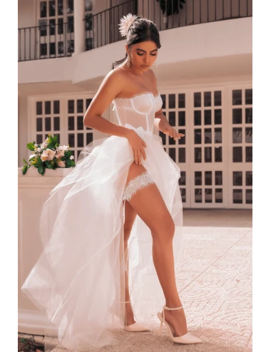 Ensemble 4 pièces blanc, bustier, string et 2 jarretières - MAL8933WHT