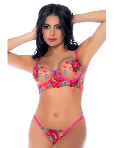 Ensemble 2 pièces résille brodée rose et bleue, soutien gorge et string - MAL8927SEGA