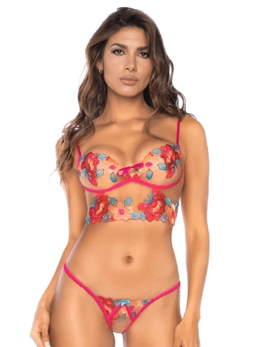 Ensemble 2 pièces brodé rose et bleu, bustier et string - MAL8926SEGA