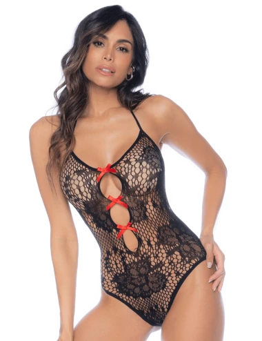 Body en résille et menottes noir et rouge - MAL1133BL/R