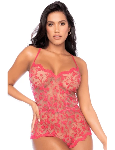 Combishort en dentelle transparente couleur cerise - MAL7543CHRY