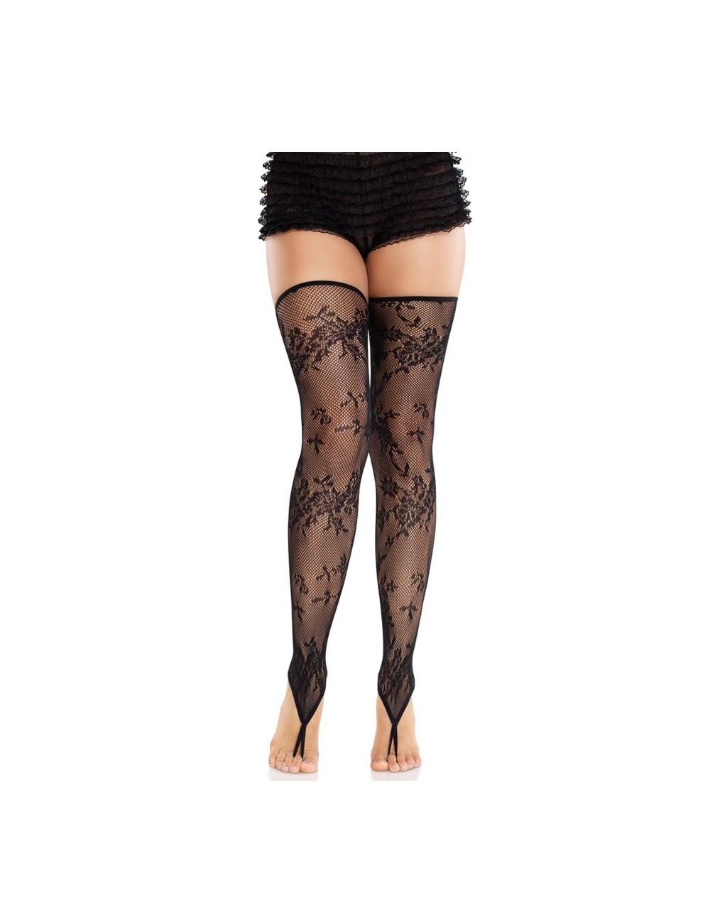 LEG AVENUE - BAS SANS PIEDS EN DENTELLE FLORALE NOIR LEG AVENUE - BAS SANS PIEDS EN DENTELLE FLORALE NOIR