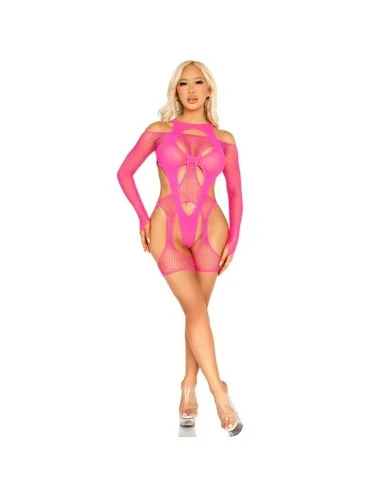 LEG AVENUE - BODYSTOCKING RÉSEILLE AVEC PORTE-JARRETELLES ET HARNAIS ROSE FLUO