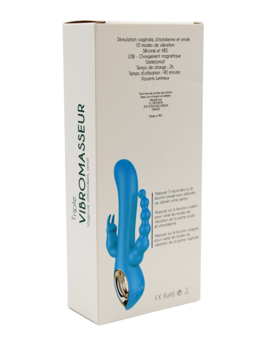 Vibromasseur rabbit  bleu  avec chapelet vibrant - TOZ-024BLU