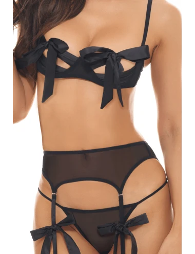 Ensemble 3 pièces noir avec noeuds en satin - REN53049-BLK