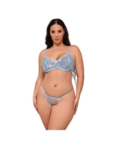 SUBBLIME - 957636 ENSEMBLE SOUTIEN-GORGE ET CULOTTE BRODÉS DE FLEURS BLEU CIEL L/XL