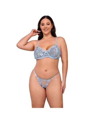 SUBBLIME - 957636 ENSEMBLE SOUTIEN-GORGE ET CULOTTE BRODÉS DE FLEURS BLEU CIEL L/XL