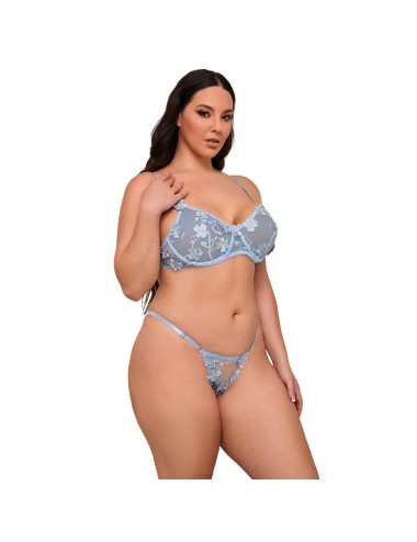 SUBBLIME - 957636 ENSEMBLE SOUTIEN-GORGE ET CULOTTE BRODÉS DE FLEURS BLEU CIEL L/XL