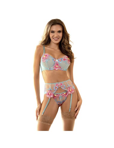 SUBBLIME - 957643 ENSEMBLE SOUTIEN-GORGE ET PORTE-JARRETELLES BRODÉ FLEURS ROSE S/M