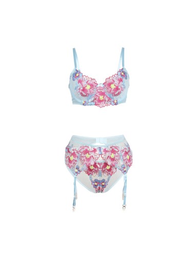 SUBBLIME - 957643 ENSEMBLE SOUTIEN-GORGE ET PORTE-JARRETELLES BRODÉ FLEURS ROSE S/M