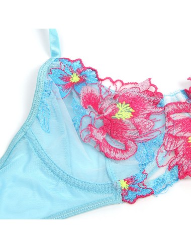 SUBBLIME - 957643 ENSEMBLE SOUTIEN-GORGE ET PORTE-JARRETELLES BRODÉ FLEURS ROSE S/M