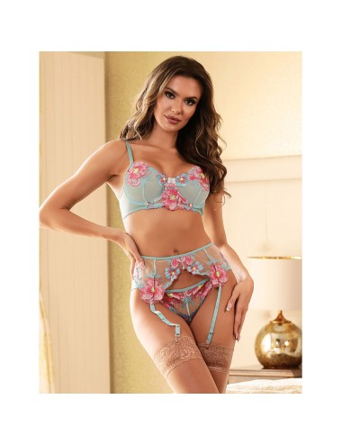 SUBBLIME - 957643 ENSEMBLE SOUTIEN-GORGE ET PORTE-JARRETELLES BRODÉ FLEURS ROSE S/M