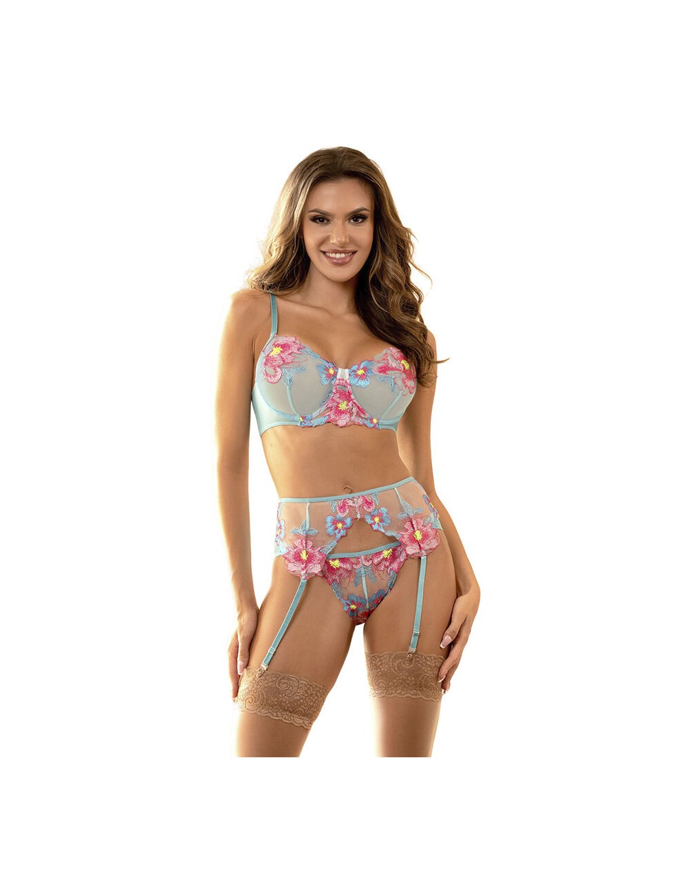 SUBBLIME - 957650 ENSEMBLE SOUTIEN-GORGE ET PORTE-JARRETELLES BRODÉ FLEURS ROSE L/XL