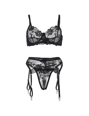 SUBBLIME - 945244 SOUTIEN-GORGE + CULOTTE AVEC PORTE-JARRETELLES MOTIF FLORAL NOIR L/XL
