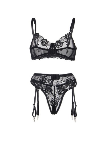 SUBBLIME - 945244 SOUTIEN-GORGE + CULOTTE AVEC PORTE-JARRETELLES MOTIF FLORAL NOIR L/XL