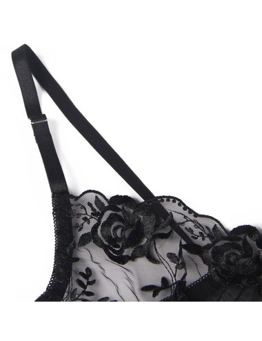 SUBBLIME - 945244 SOUTIEN-GORGE + CULOTTE AVEC PORTE-JARRETELLES MOTIF FLORAL NOIR L/XL