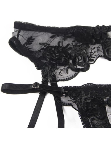 SUBBLIME - 945244 SOUTIEN-GORGE + CULOTTE AVEC PORTE-JARRETELLES MOTIF FLORAL NOIR L/XL