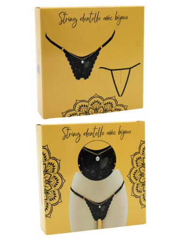 String noir en dentelle avec bijou et chaîne dorée - PM06G-BBLK