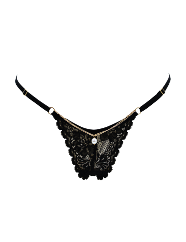 String noir en dentelle avec bijou et chaîne dorée - PM06G-BBLK