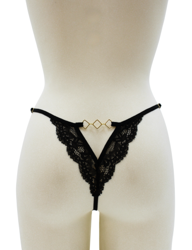 Tanga noir en dentelle avec bijou losanges dorés - PM01GBLK