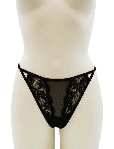 Tanga noir en dentelle avec bijou losanges dorés - PM01GBLK