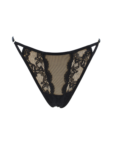 Tanga noir en dentelle avec bijou losanges dorés - PM01GBLK