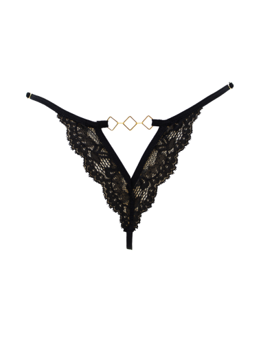 Tanga noir en dentelle avec bijou losanges dorés - PM01GBLK