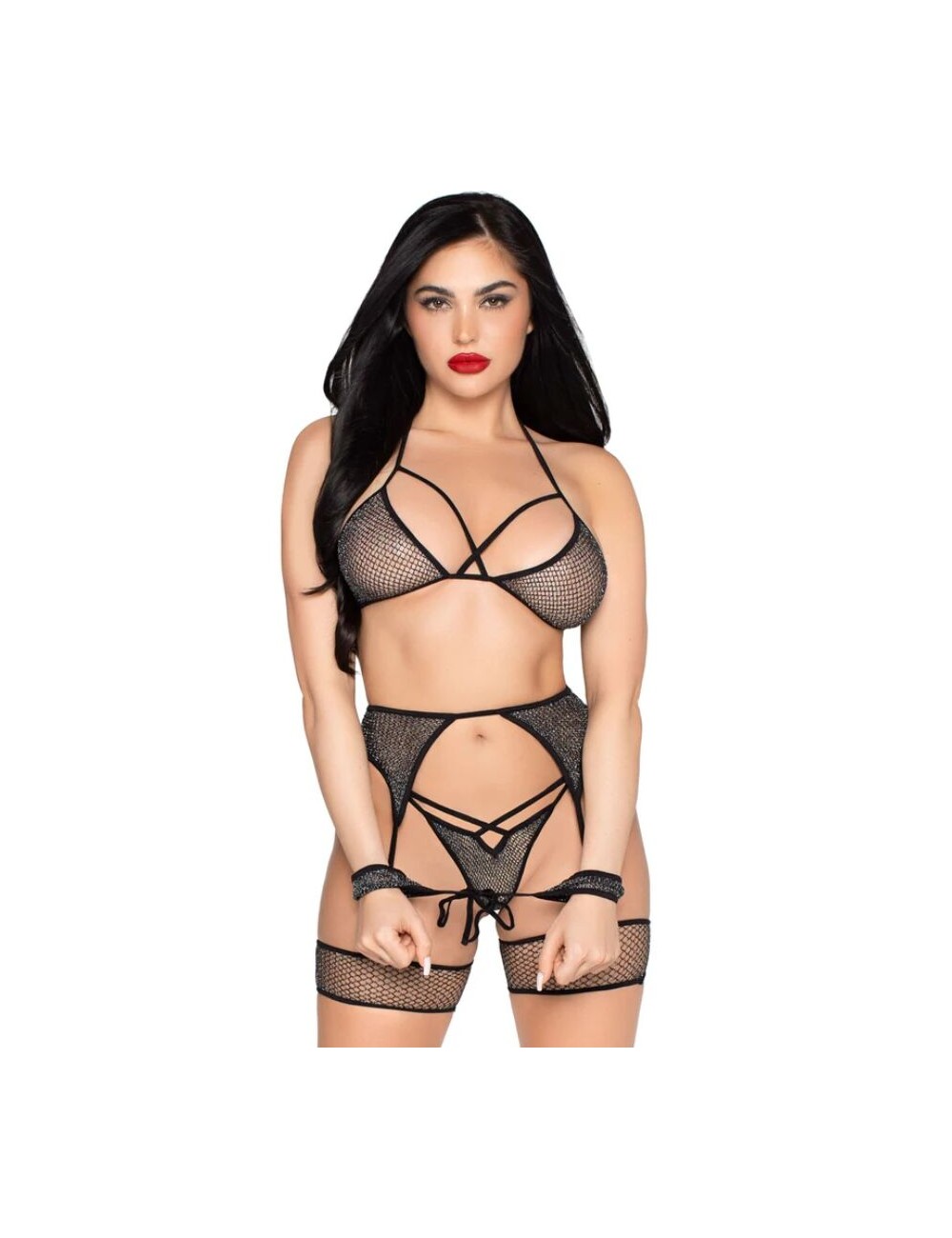 LEG AVENUE - 89362 ENSEMBLE HAUT + STRING + PORTE-JARRETELLES + MENOTTES NOIR - TAILLE UNIQUE