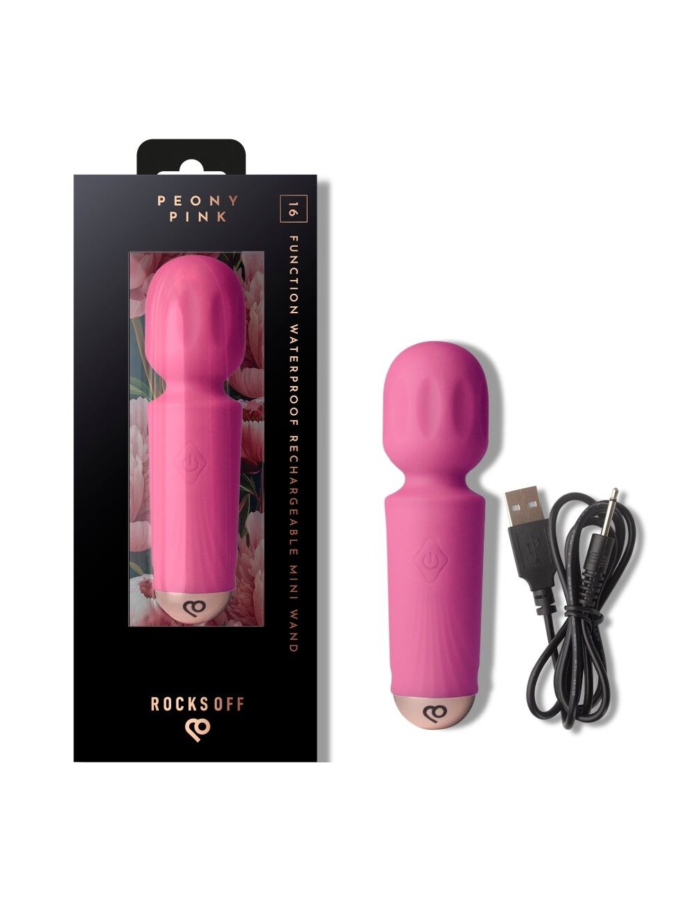 ROCKS-OFF - MINI BAGUETTE RECHARGEABLE 16 FONCTIONS ROSE PIVOINE