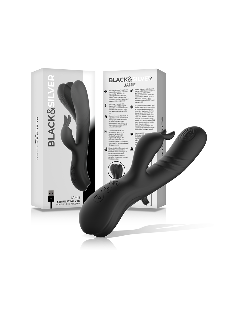 BLACK&SILVER - STIMULATEUR DE LAPIN EN SILICONE RECHARGEABLE JAMIE NOIR