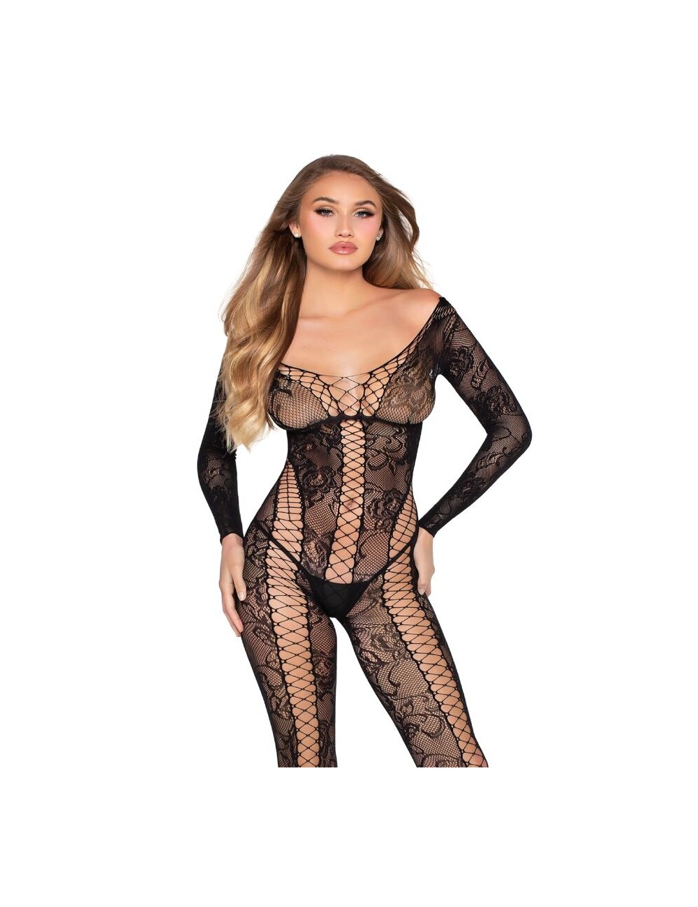 LEG AVENUE - 89369 COMBINAISON EN RÉSILLE ET DENTELLE NOIRE - TAILLE UNIQUE
