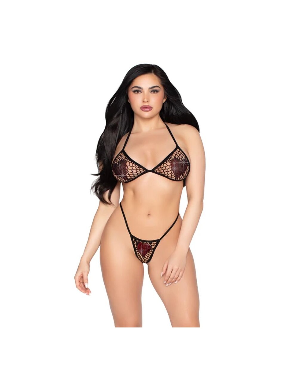 LEG AVENUE - 86147 SOUTIEN-GORGE ET STRING EN RÉSILLE NOIRS - TAILLE UNIQUE