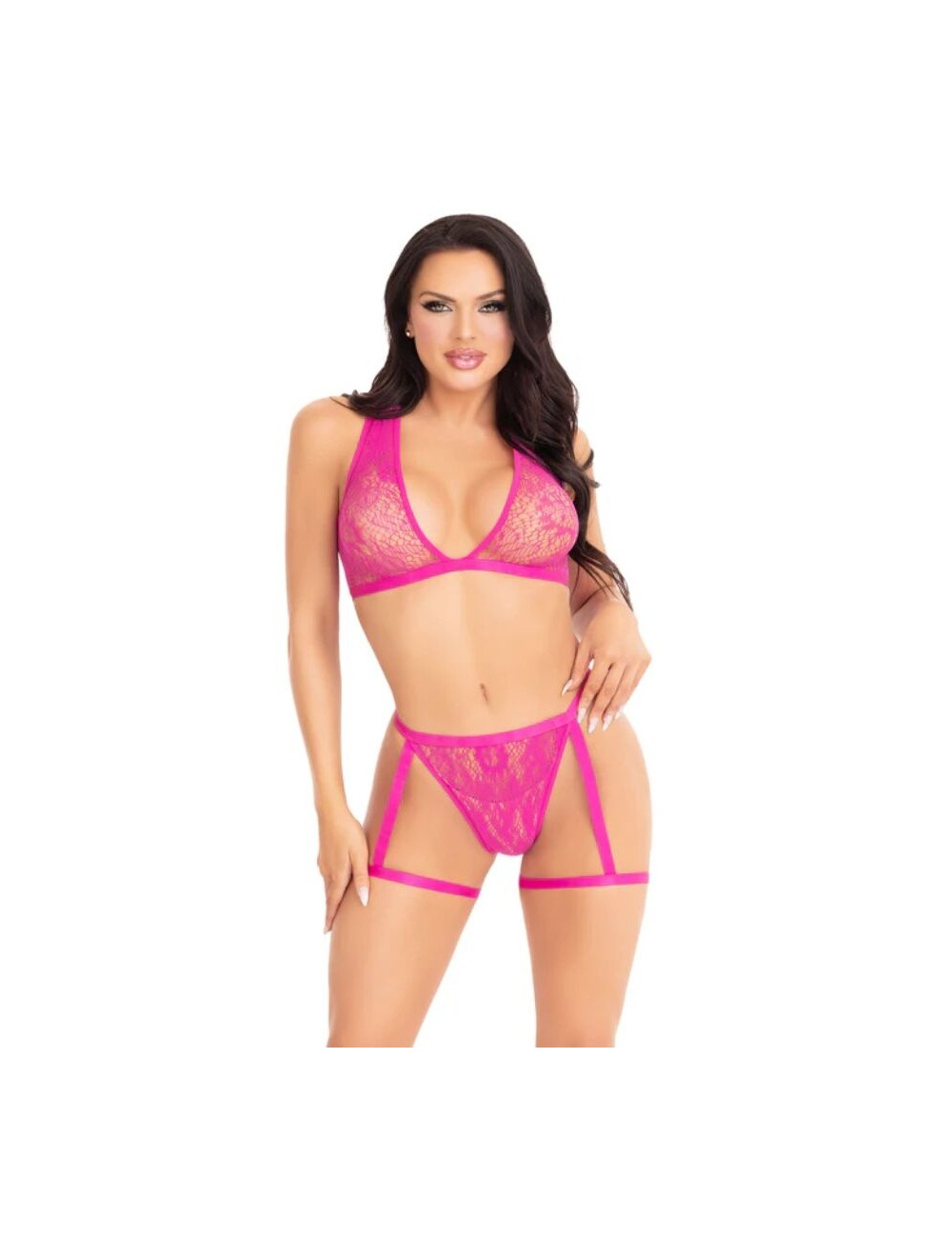 LEG AVENUE - 86148 ENSEMBLE SOUTIEN-GORGE ET CULOTTE EN DENTELLE AVEC PORTE-JARRETELLES ROSE - TAILLE UNIQUE