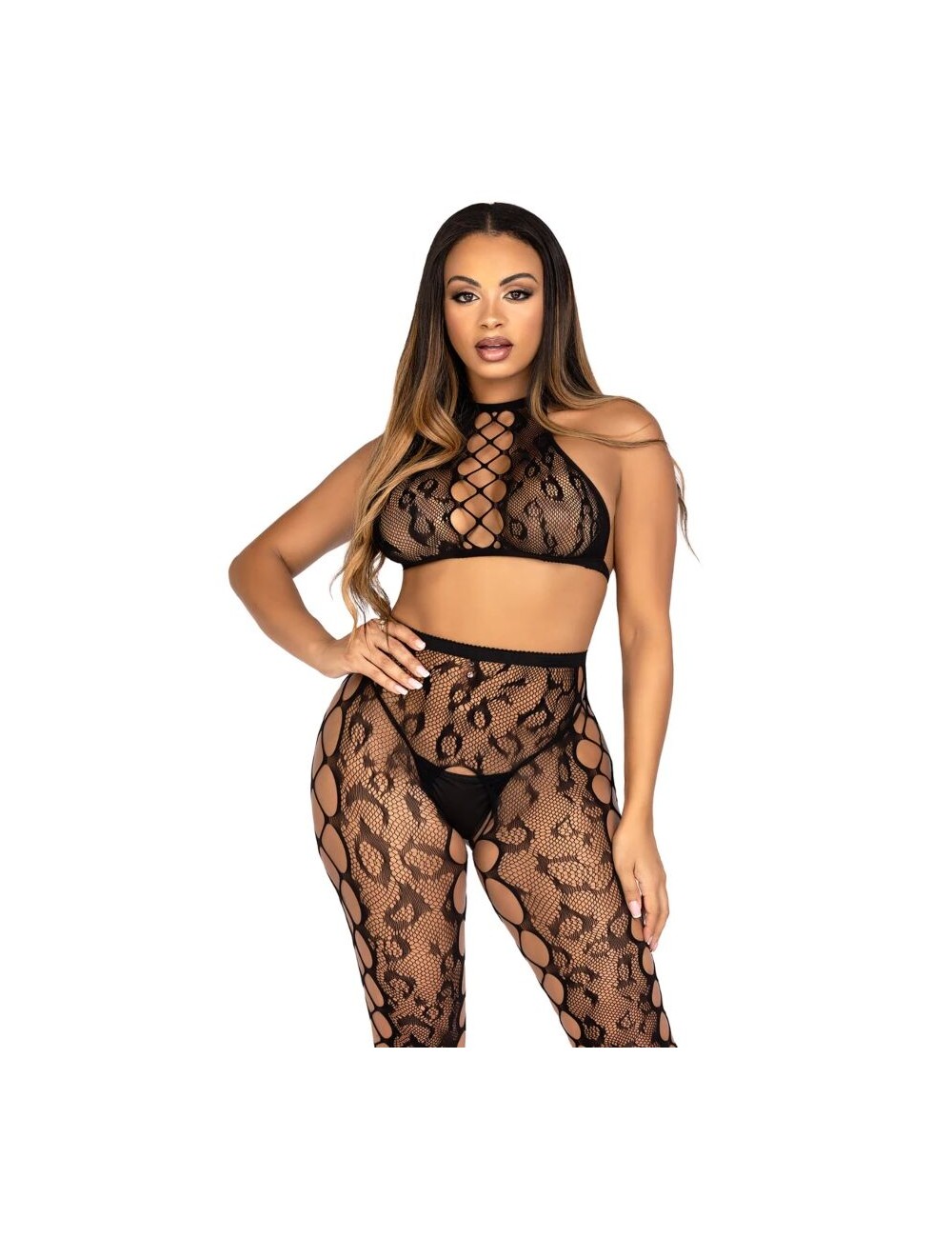 LEG AVENUE - 89372 CROP TOP ET COLLANTS SANS ENTREJAMBE NOIRS - TAILLE UNIQUE